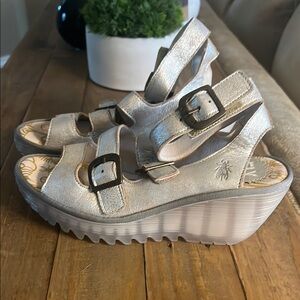 Fly London Metallic Wedge Sandals with Adjustable Buckle and Velcro strap